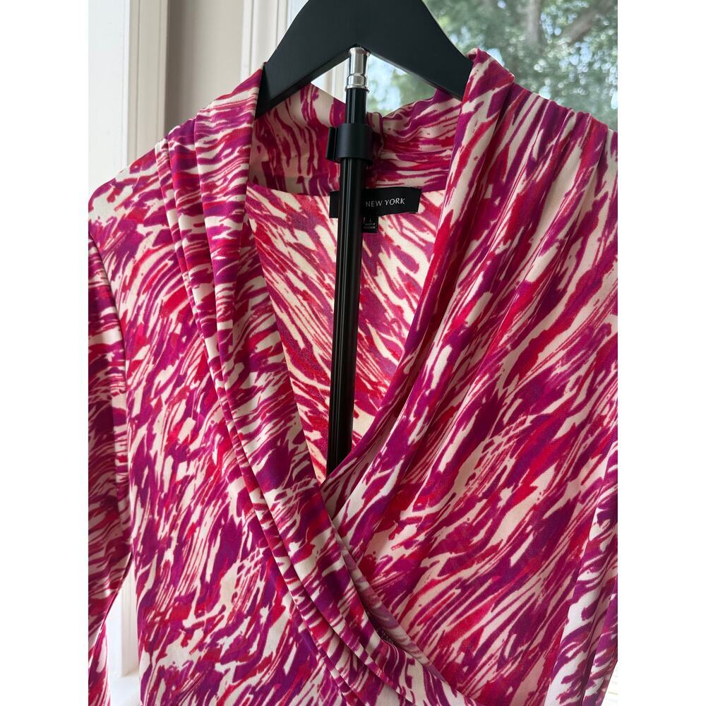 Jones New York Dress L Pink Abstract Print Draped Faux Wrap Long Sleeve Midi - Picture 3 of 7